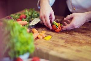 closeup of Chef hands preparing beef steak photo