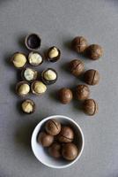 Delicious macadamia nut in a cup on a gray background. Broken nuts and shells. photo
