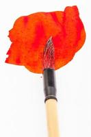 red colored tip of paintbrush in red blot close up photo