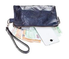 pouch bag with phone, cards and euros isolated photo