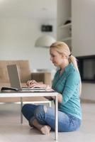 young women using laptop computer on the floor photo