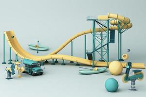 Roller coaster in Amusement parks surrounding by a lot of colorful toys in yellow pastel background. 3d rendering photo