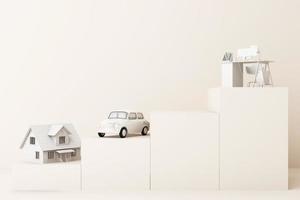 Thinking about home, car and work with another empty space on the yellow pedestal, the concept of life 3D rendering photo