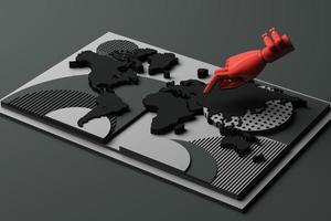 mapa mundial con concepto de mano humana composición abstracta de plataformas de formas geométricas en tono negro. representación 3d foto