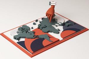 mapa mundial con concepto de mano humana composición abstracta de plataformas de formas geométricas en tono negro. representación 3d foto