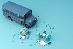 back to school ,inspiration, poster with educational equipment and school bus. 3d rendering photo