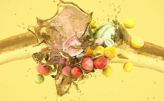 Fruits on black background with water splash 3d rendering photo