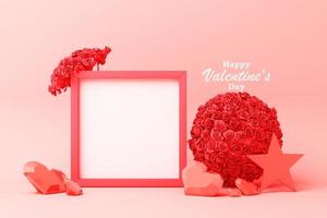 fondo de concepto de día de san valentín con globo perro rojo y rosa corazones estrella rosa con marco cuadrado blanco y decoración de amor representación 3d foto