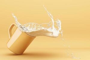 Pouring milk into a cup, milk splashing in yellow cup.3d rendering. photo