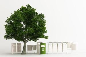 The tree is surrounded by many recyclable bins on a white background. 3D rendering. photo