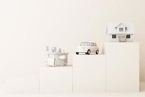 Thinking about home, car and work with another empty space on the yellow pedestal, the concept of life 3D rendering photo