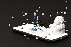 mobile phone with Christmas decorations. Christmas tree and gifts beside on black background. 3d rendering photo