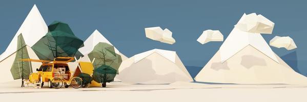 low poly cartoon style. Mobile homes van and tents camping in the national park, bicycles, ice buckets, guitars and chairs, and trees with clouds and mountains on background. 3d render wide screen photo