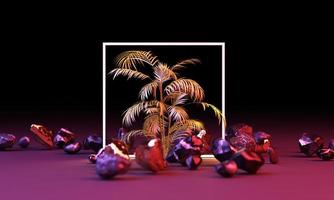 Bright led lighting glow from geometric shapes, neon cyberpunk background with tropical leaves 3d rendering photo
