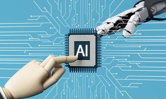 Robot hand making contact with human hand. on a background full of technology circuit boards. 3d rendering photo