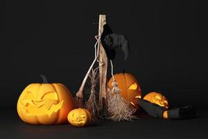 Halloween pumpkin, jack o lantern, with witch's hat and bloom and spider, black floor and dark background. 3D rendering. photo