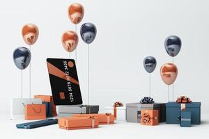 Pink credit card surrounding by a lot of giftboxs and balloons. 3d rendering photo