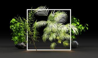 Bright led lighting glow from geometric shapes, neon cyberpunk background with tropical leaves 3d rendering photo