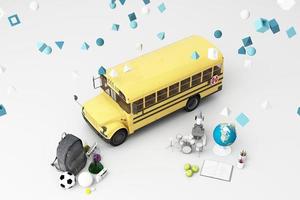 back to school ,inspiration, poster with educational equipment and school bus. 3d rendering photo