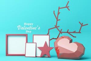 Valentine's day concept background with Balloon dog red and pink hearts star rose with white square frame and love decoration 3d rendering photo