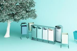 The tree is surrounded by many recyclable bins on a white background. 3D rendering. photo
