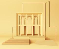 3d render, primitive shapes, abstract geometric background, minimal mock up, blank template, gold metal line, empty showcase, with pastel colors photo
