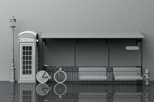 concept of london street side view with telephone booth,bench,bicycle and cafe. 3d rendering photo