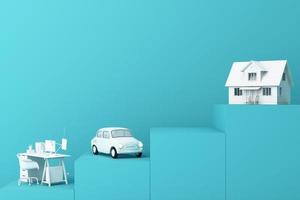 Thinking about home, car and work with another empty space on the yellow pedestal, the concept of life 3D rendering photo