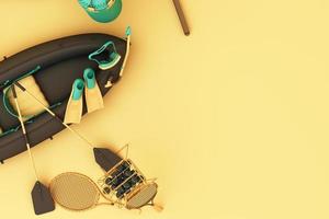 Sport equipments on yellow background. 3d rendering photo