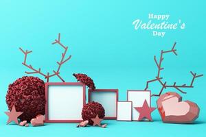 Valentine's day concept background with Balloon dog red and pink hearts star rose with white square frame and love decoration 3d rendering photo