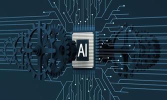 Artificial intelligence web banner. of a processor chip. The process of data processing. Developments in modern technologies. Microcircuits on neon glowing background. 3D rendering photo
