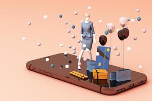 Mannequin on smart phone surrounded by shopping bag and the gift box with credit card on the black backdrop.-3d rendering photo