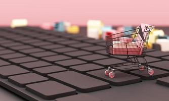 shopping cart on a keyboard with shopping bag and credit card, Ideas about electronic commerce is a transaction of buying or selling goods or services online internet 3d rendering photo