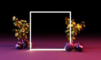 Bright led lighting glow from geometric shapes, neon cyberpunk background with tropical leaves 3d rendering photo