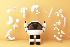The cute wthie robot is sitting surrounded by geometric objects on green background. 3d rendering photo