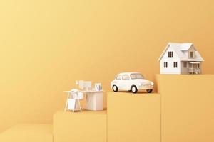 Thinking about home, car and work with another empty space on the yellow pedestal, the concept of life 3D rendering photo