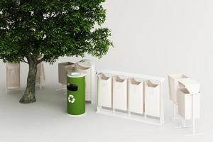 The tree is surrounded by many recyclable bins on a white background. 3D rendering. photo