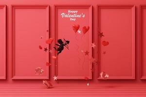 Valentine's day concept background with red and pink hearts star rose with white square frame and love decoration 3d rendering photo