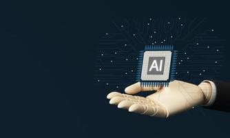 cube shape electronic brain with gyrus, symbol ai business man hand hanging. Symbol of computer neural networks or artificial intelligence in neon cyberspace with glowing title. 3d rendering photo