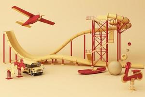 Roller coaster in Amusement parks surrounding by a lot of colorful toys in yellow pastel background. 3d rendering photo