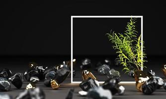 Bright led lighting glow from geometric shapes, neon cyberpunk background with tropical leaves 3d rendering photo
