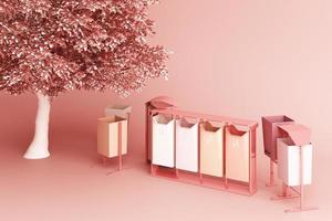The tree is surrounded by many recyclable bins on a white background. 3D rendering. photo