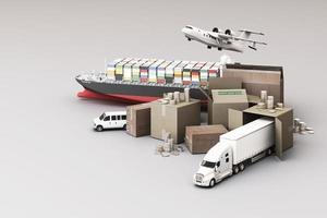 3D rendering of the crate box surrounded by cardboard boxes, a cargo container ship, a flying plan, a car, a van and a truck on white background photo