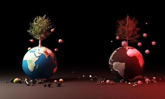Globe with tree and fruit and coronavirus in warning concept 3d rendering photo
