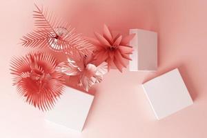 3D render of tropical plants isolated on pink background. photo