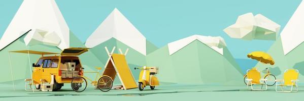 low poly cartoon style. Mobile homes van and tents camping in the national park, bicycles, ice buckets, guitars and chairs, and trees with clouds and mountains on background. 3d render wide screen photo