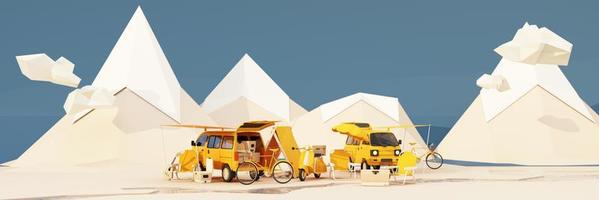 low poly cartoon style. Mobile homes van and tents camping in the national park, bicycles, ice buckets, guitars and chairs, and trees with clouds and mountains on background. 3d render wide screen photo