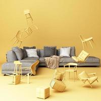 sofa surrounding by a lot of little chair. 3d rendering,artwork photo