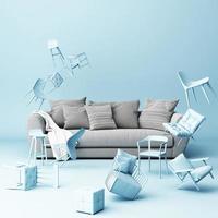 sofa surrounding by a lot of little chair. 3d rendering,artwork photo