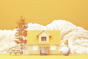 Beautiful Christmas winter snowy landscape background with mountains and low poly fir trees and house with snowman. 3d rendering photo